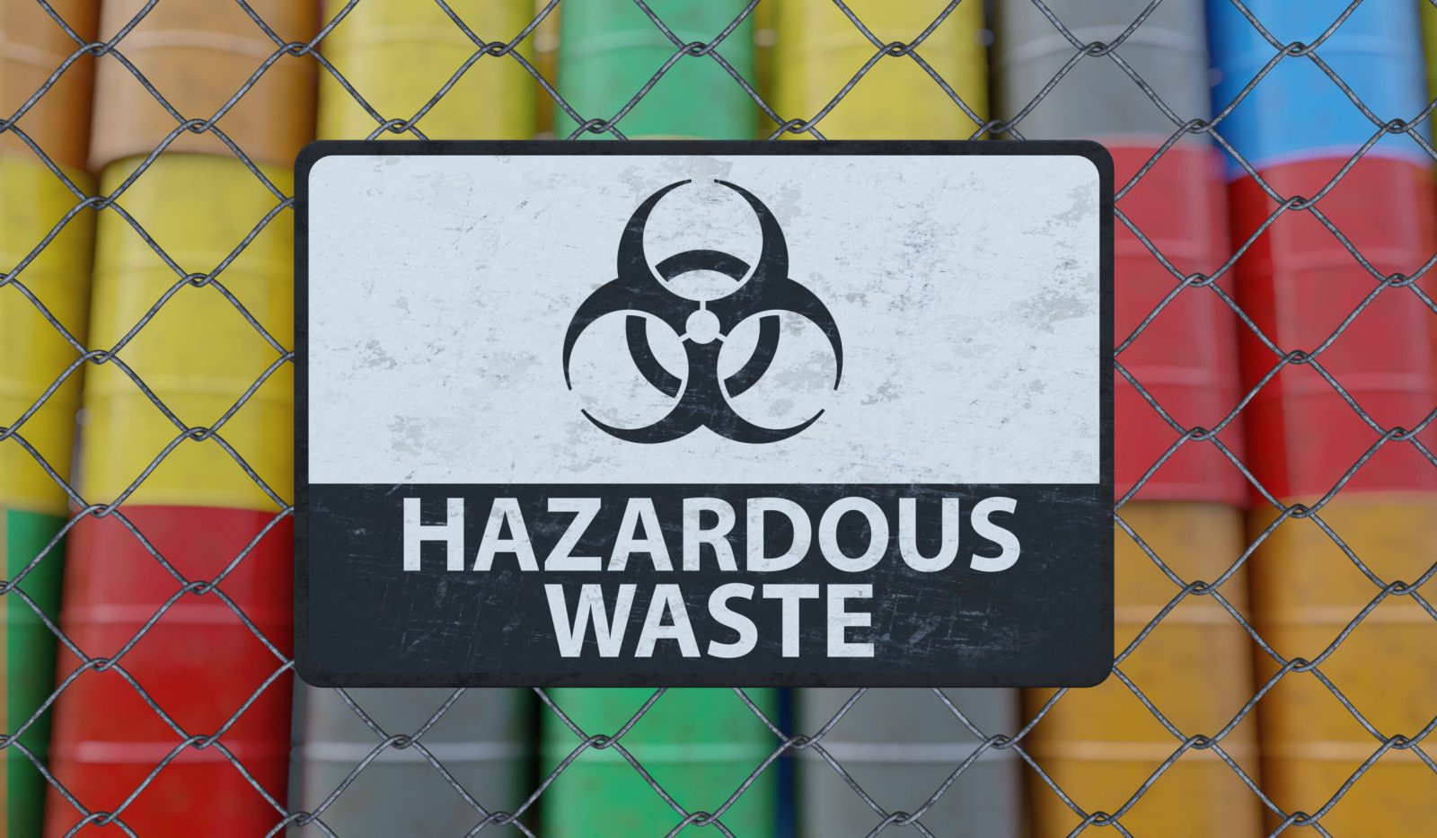 Hazardous waste sign on chain link fence. Oil barrels in background. 3D rendered illustration.